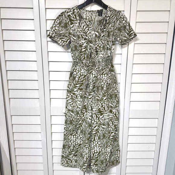 Nicole Miller New York Pants - Nicole Miller NY Olive Green Tropical‎ Palm Print Linen Jumpsuit XS Wide Leg